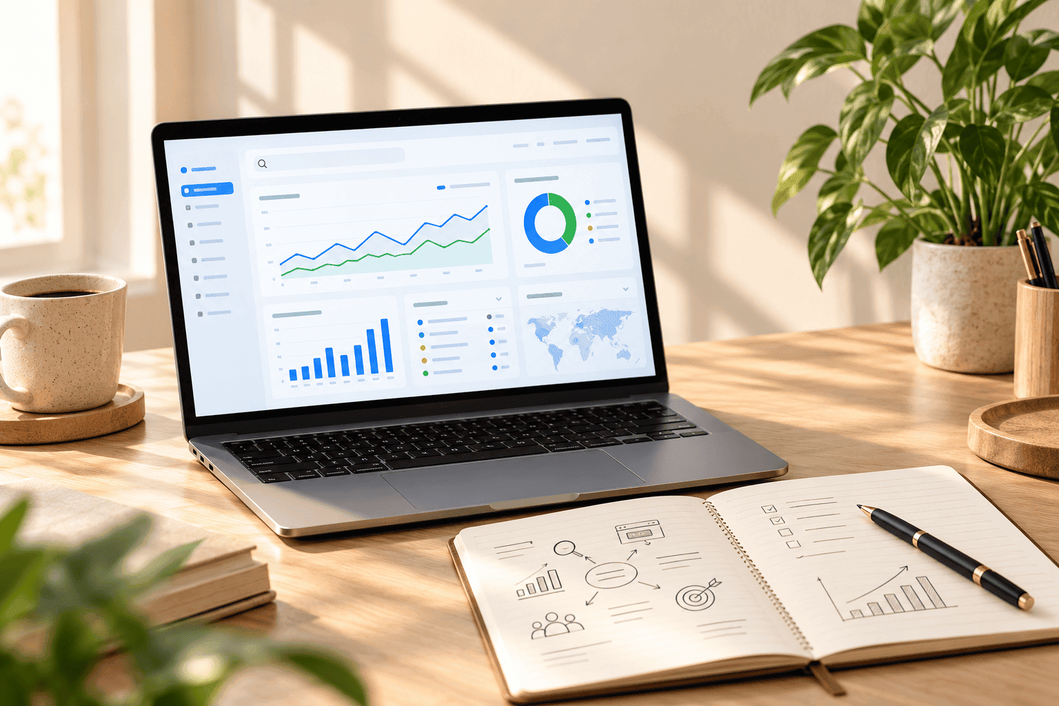 Laptop displaying digital marketing analytics beside a website and campaign planning notebook.